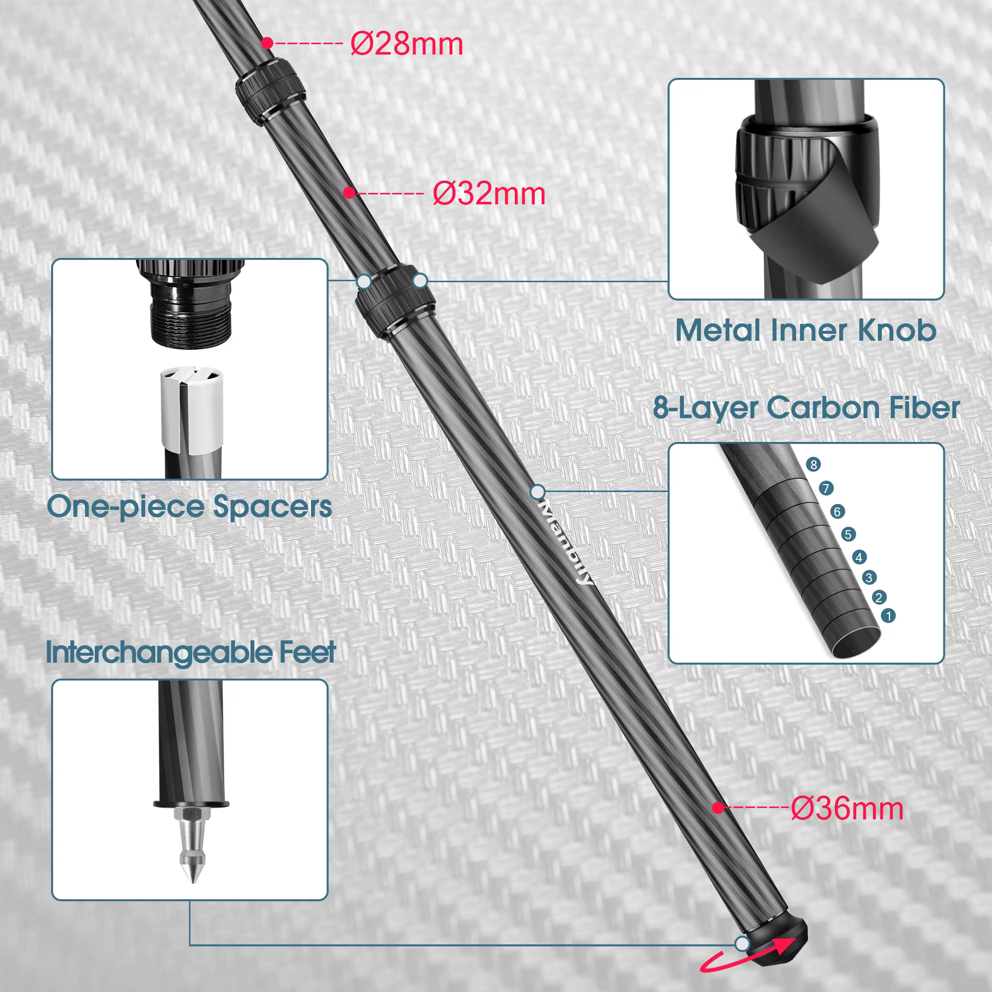 Manbily WZ2836 Carbon Fiber Hunting Tripod For Shooting Birdwatching With Heavy Duty Arca Swiss Ballhead Max 20kg 36mm Leg — image 6