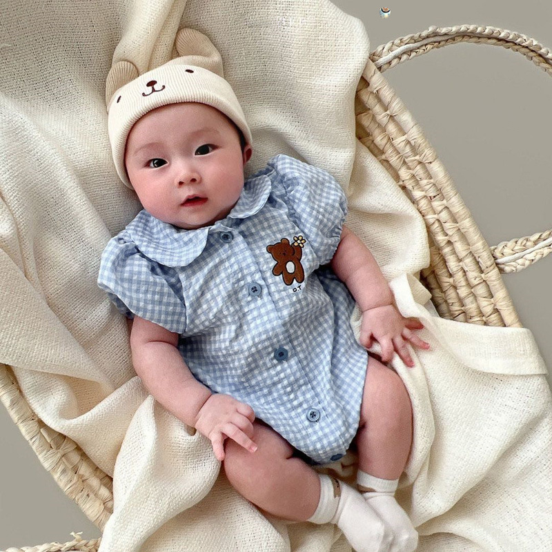 Baby Campus Bear Embroidery Round Neck Plaid Romper — image 6