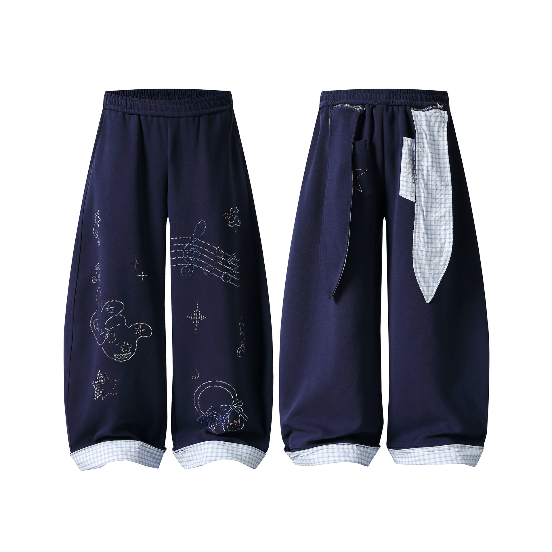 Rhinestone Rabbit Wide-Leg Sweatpants for Women, Plaid Turn-Up Ribbon Slimming Long Pants — image 5