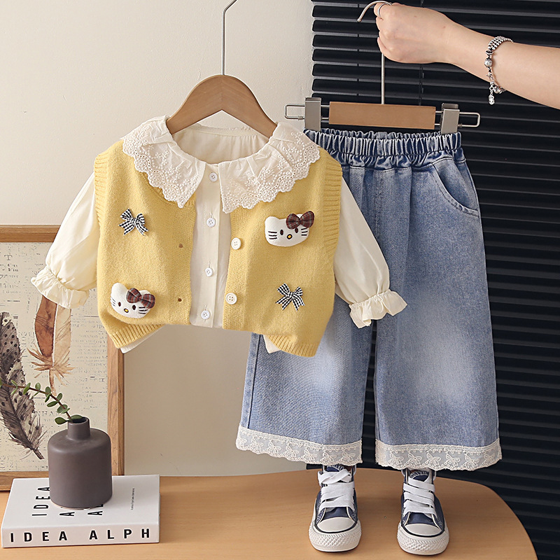 Toddler Girls Spring Autumn Kitten Pattern Knit Vest and Pants Set — image 2