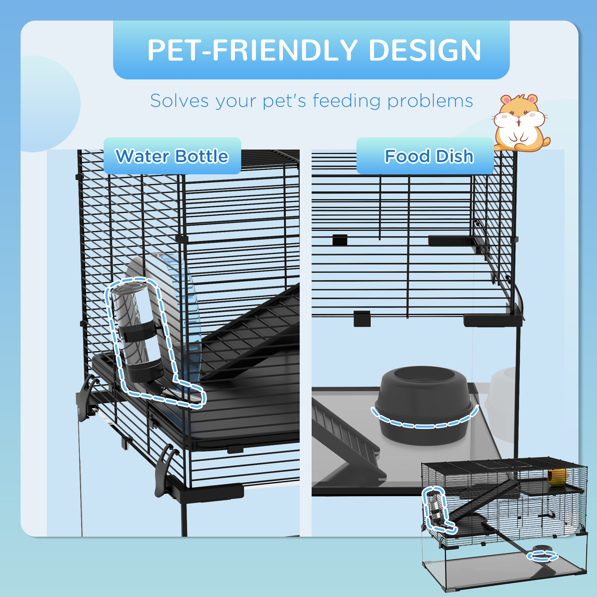 30" Hamster Cage, Gerbil Cage with Glass Basin for Small Hamsters, Black — imagen 3