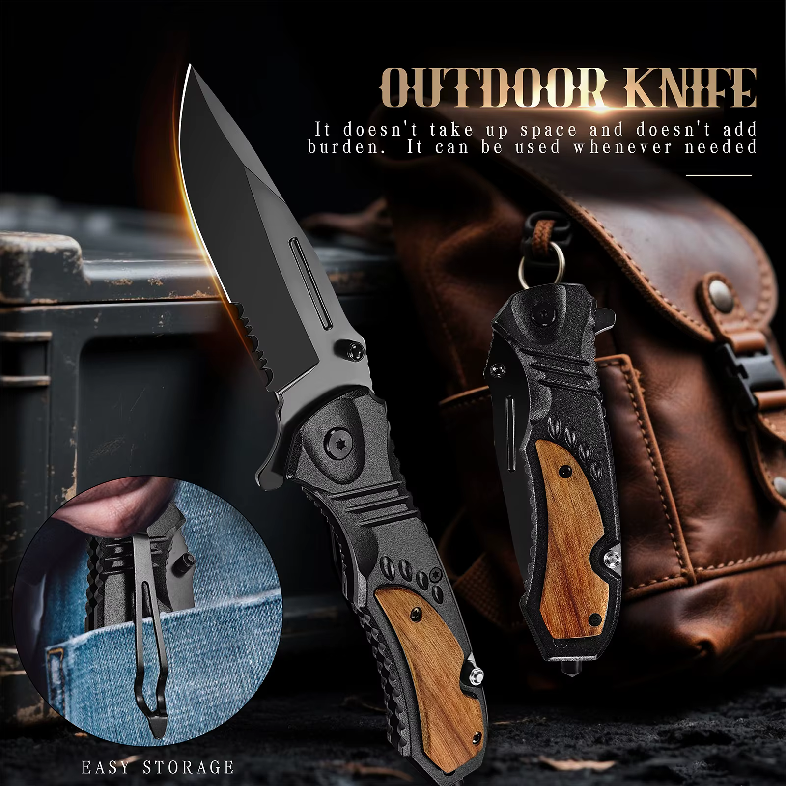 Men's Wood Inlay Handle Foldable Pocket Knife Multifunctional EDC Utility Cutter with Pocket Clip for Outdoor Camping Travel — image 2