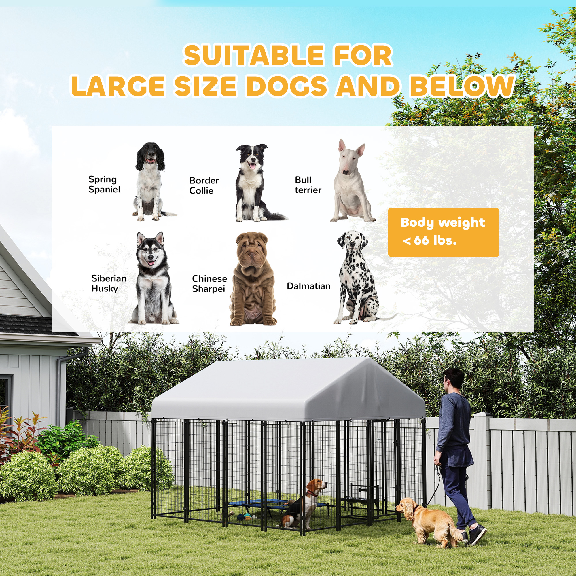 Outdoor Dog Kennel with Roof, 8 x 8 x 6 Heavy Duty Welded Wire Dog Playpen Enclosure with Escape-proof Lock — imagen 8