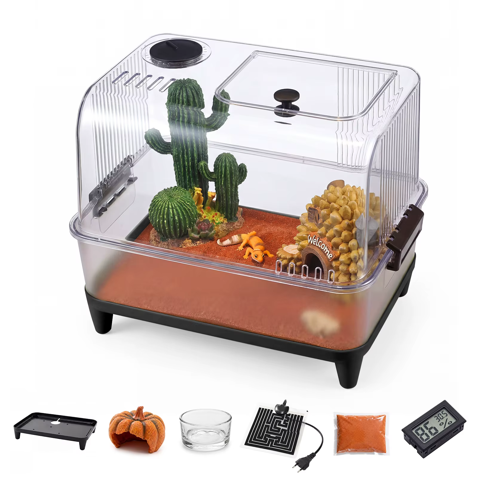 Reptile Tank Starter Kit, Reptile Terrarium Kit, Acrylic Small Reptile Habitat with Lid, Heating Pad, Hygrometer, Bowl, Hide, Sand for Reptiles, Tarantula, Lizards, Frogs, Geckos, or Hermit Crabs — image 7
