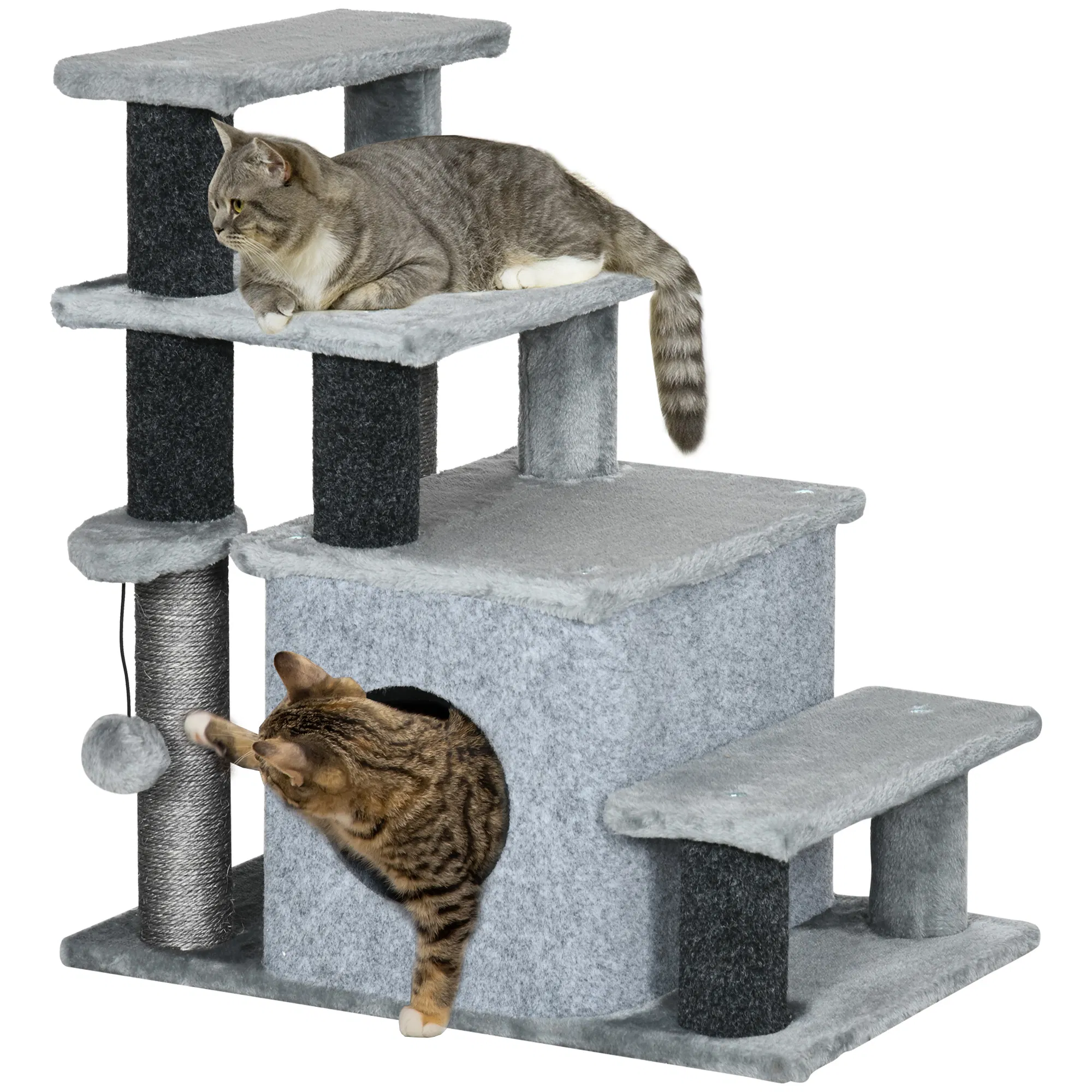 Cat Stairs Pet Steps for Couch Bed with Scratching Posts Condo Ball Toy, 23.6" x 15.7" x 26", Grey — image 1