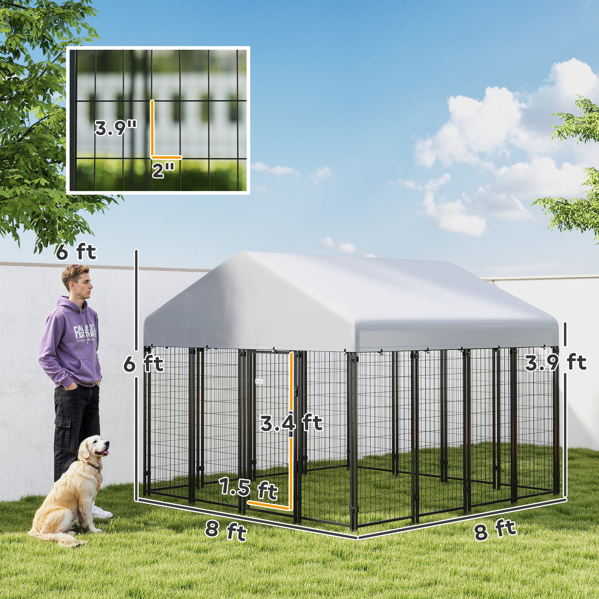 Outdoor Dog Kennel with Roof, 8 x 8 x 6 Heavy Duty Welded Wire Dog Playpen Enclosure with Escape-proof Lock — imagen 3