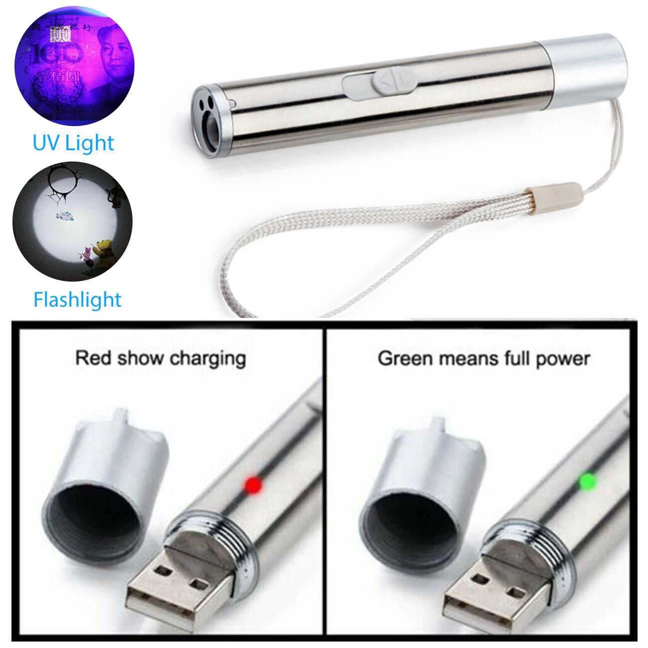 Puntero Láser Rojo USB Recargable con Luz LED 3 en 1 Linterna UV 2 piezas Juguetes para Gatos y Perros — imagen 4