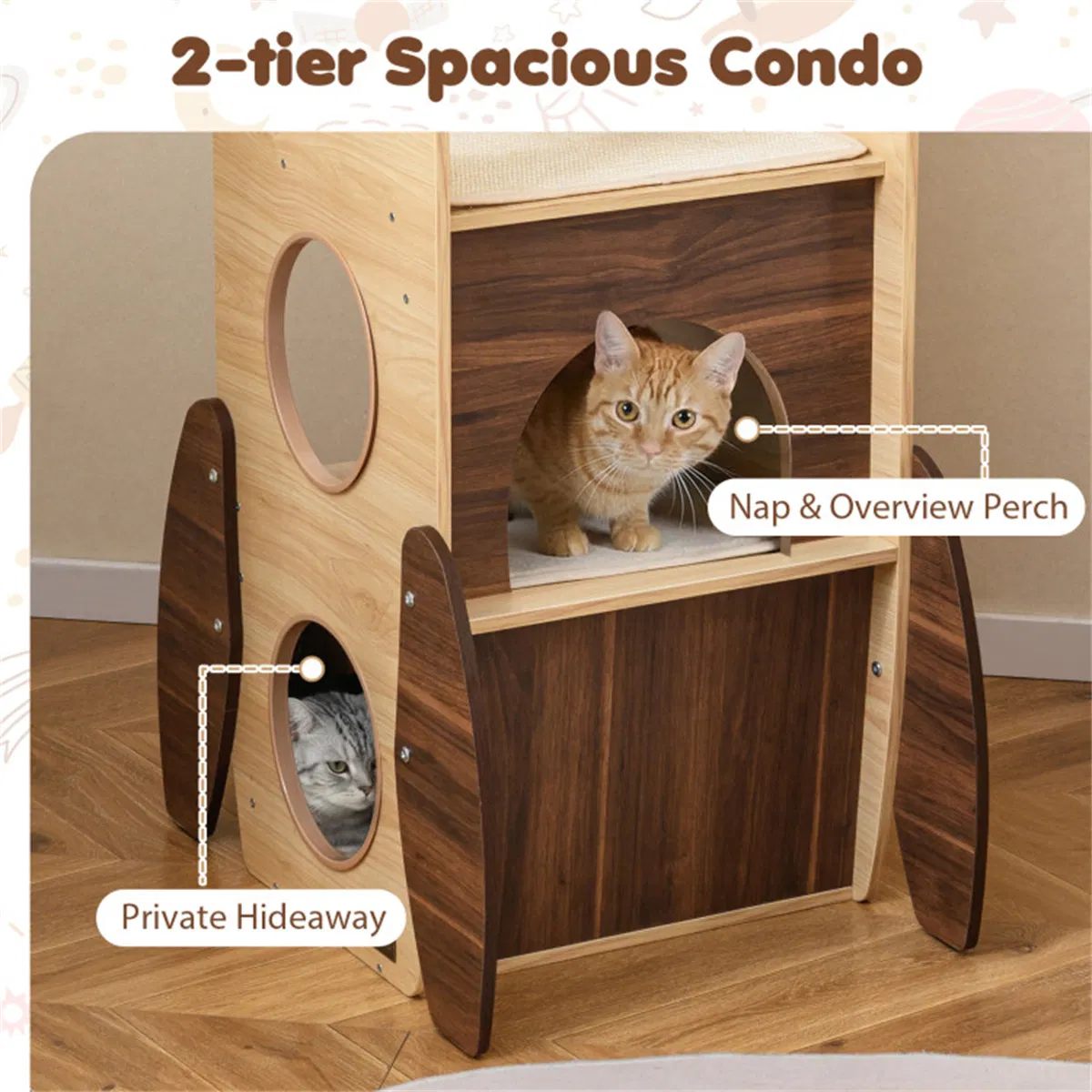 4-Tier Rocket Shape Cat Tree with 2-Tier Condo Sisal Scratch Pad Hanging Pompom Natural+White — image 2