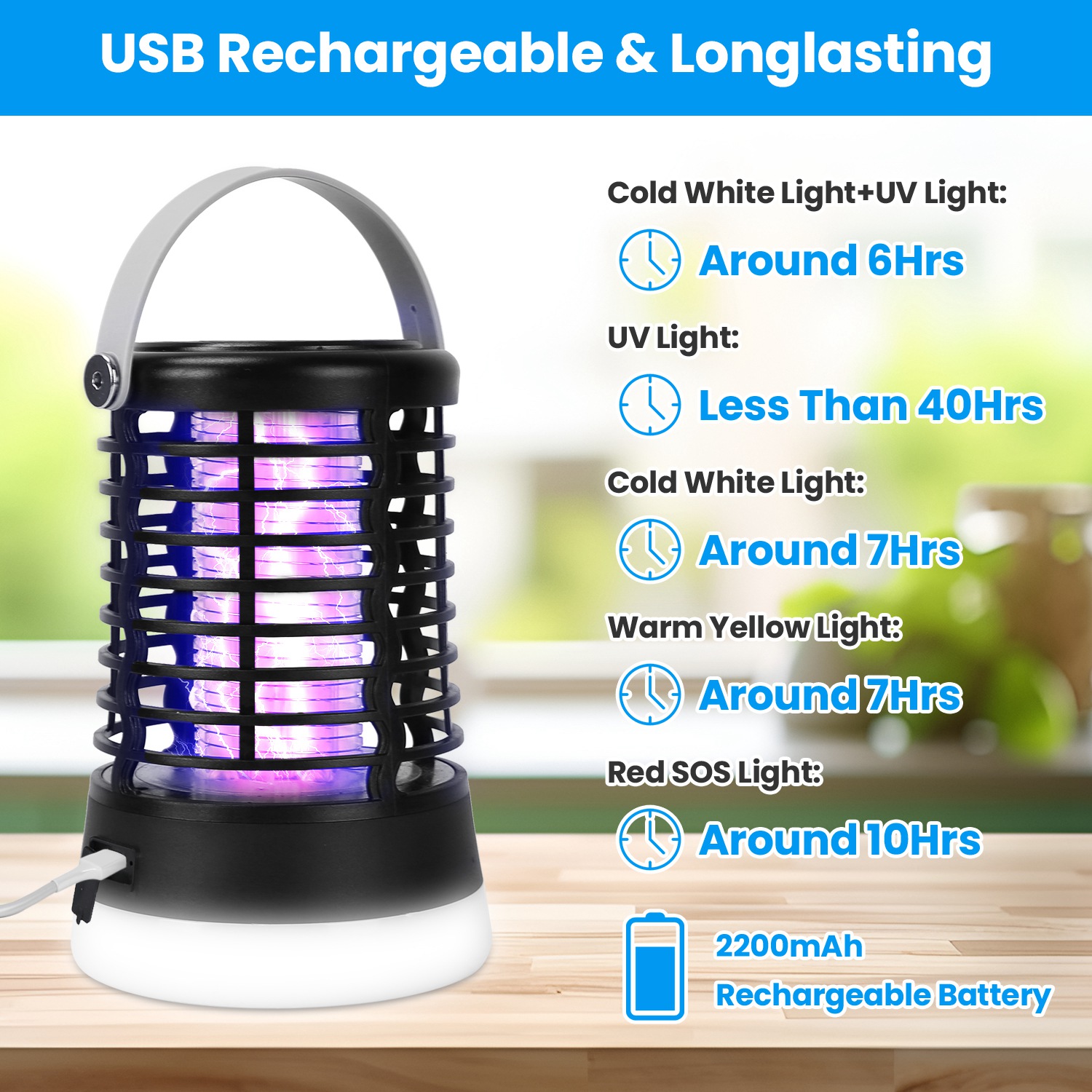 Lámpara Matamosquitos 4 en 1, Recargable, Antimosquitos para Interior y Exterior, Impermeable, Lámpara Matamosquitos con 3 Modos de Iluminación para Patio, Jardín y Hogar — imagen 5