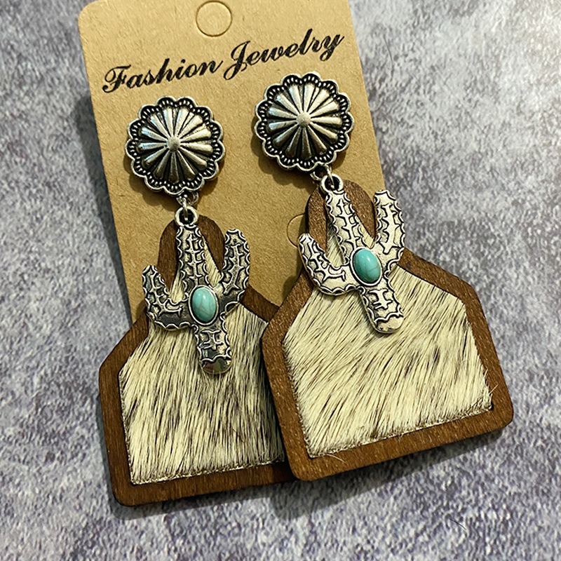 Vintage Western Earrings Bohemian Genuine Leather Cowhide Horse Hair Cow Brand Fashion Panel Earrings — image 5