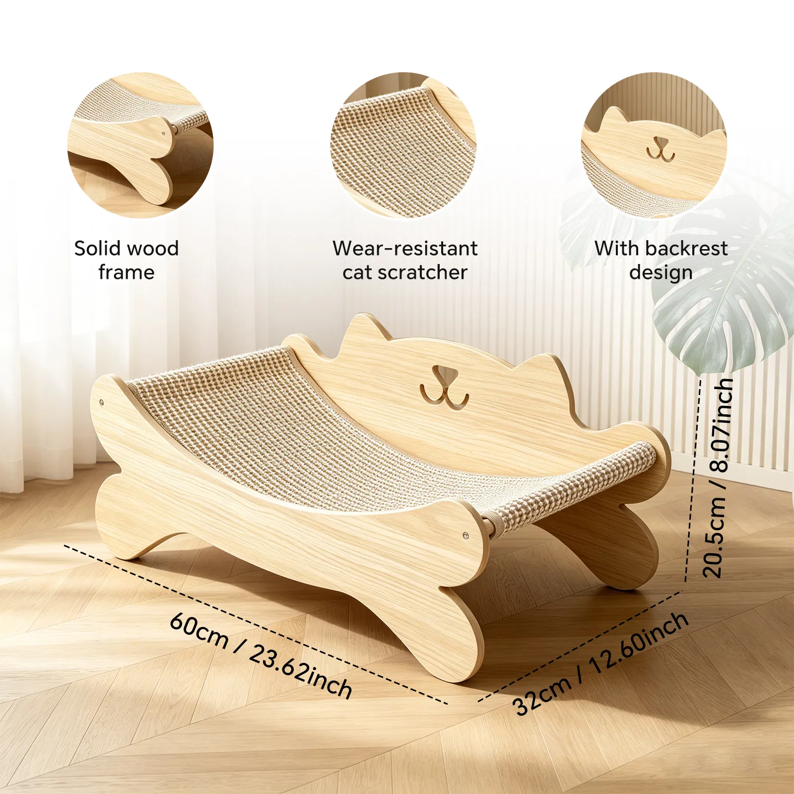 Cat Scratcher Bed for Indoor Cats Kitten Bed Cat Hammock with Solid Wood Frame Wear Resistant Sisal Backrest Design Cats Scratcher Lounge, Wooden Cat Furniture — image 1