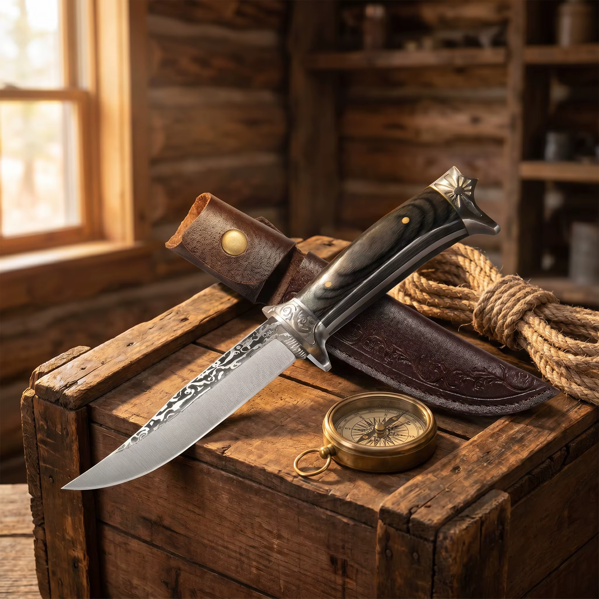 Outdoor Survival Fixed Blade Knife Wood Handle Leather Sheath Camping Hunting Cutting Utility Knife for Camping Hiking Outdoor EDC Hand Tool — image 3
