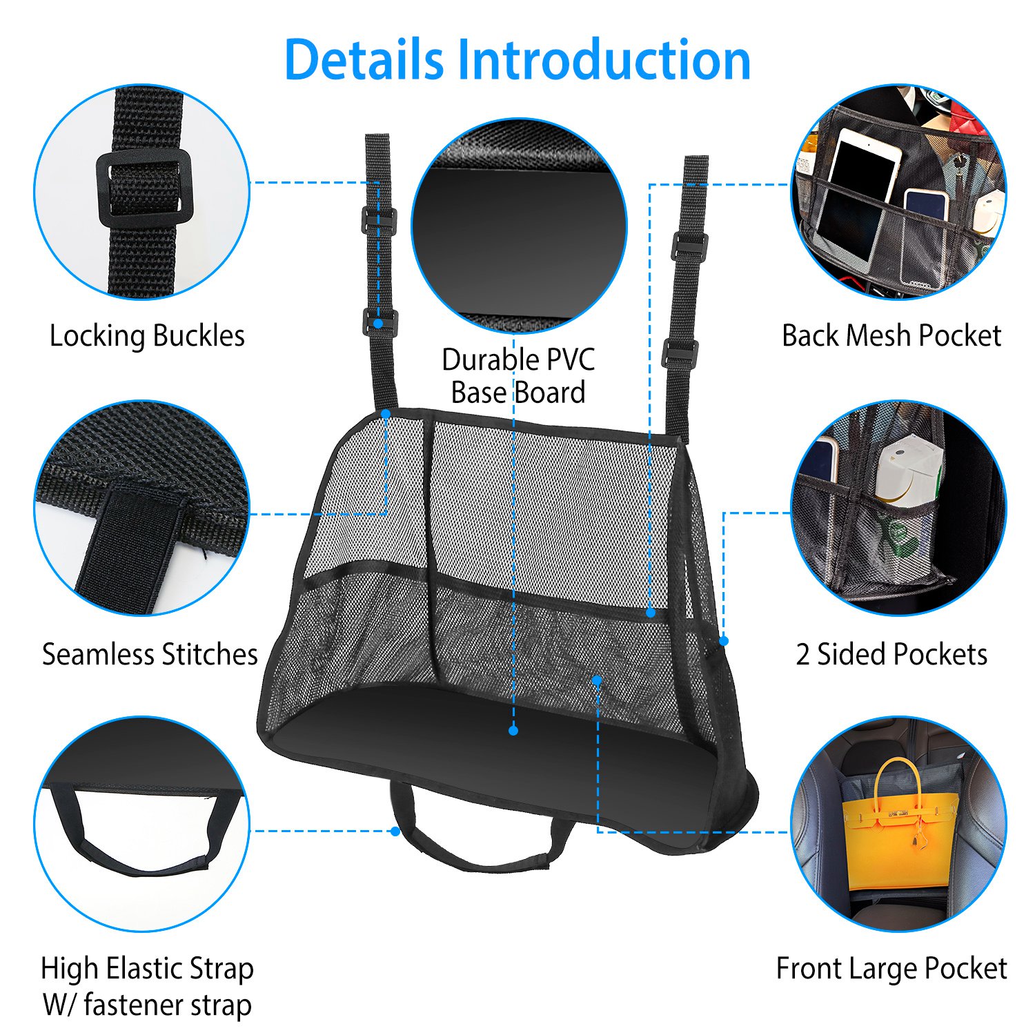 Car Net Pocket Handbag Holder Car Storage Netting Pouch Seat Side Storage Mesh Organizers Bag For Purse Phone Documents Barrier Pets Kids At Backseat — image 5