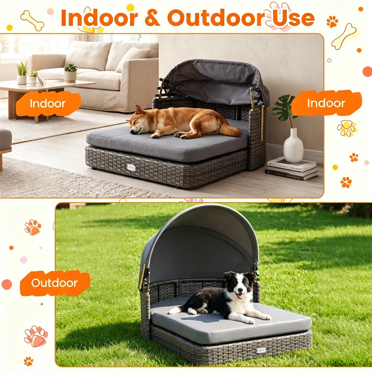 Gray Hand-Woven PE Rattan Dog Bed with Adjustable Canopy, Elevated Outdoor Pet Daybed with Washable Plush Cushion, Anti-Slip Breathable Pet Shelter for Indoor Patio Garden — image 5