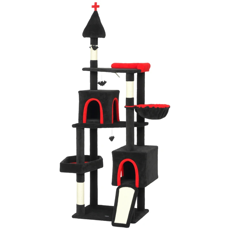 Gothic Cat Tree, Cat Tower With Coffin Bed, 2 Spacious Condos, Sisal Scratching Posts, Bat Hanging Balls, Halloween — imagen 6