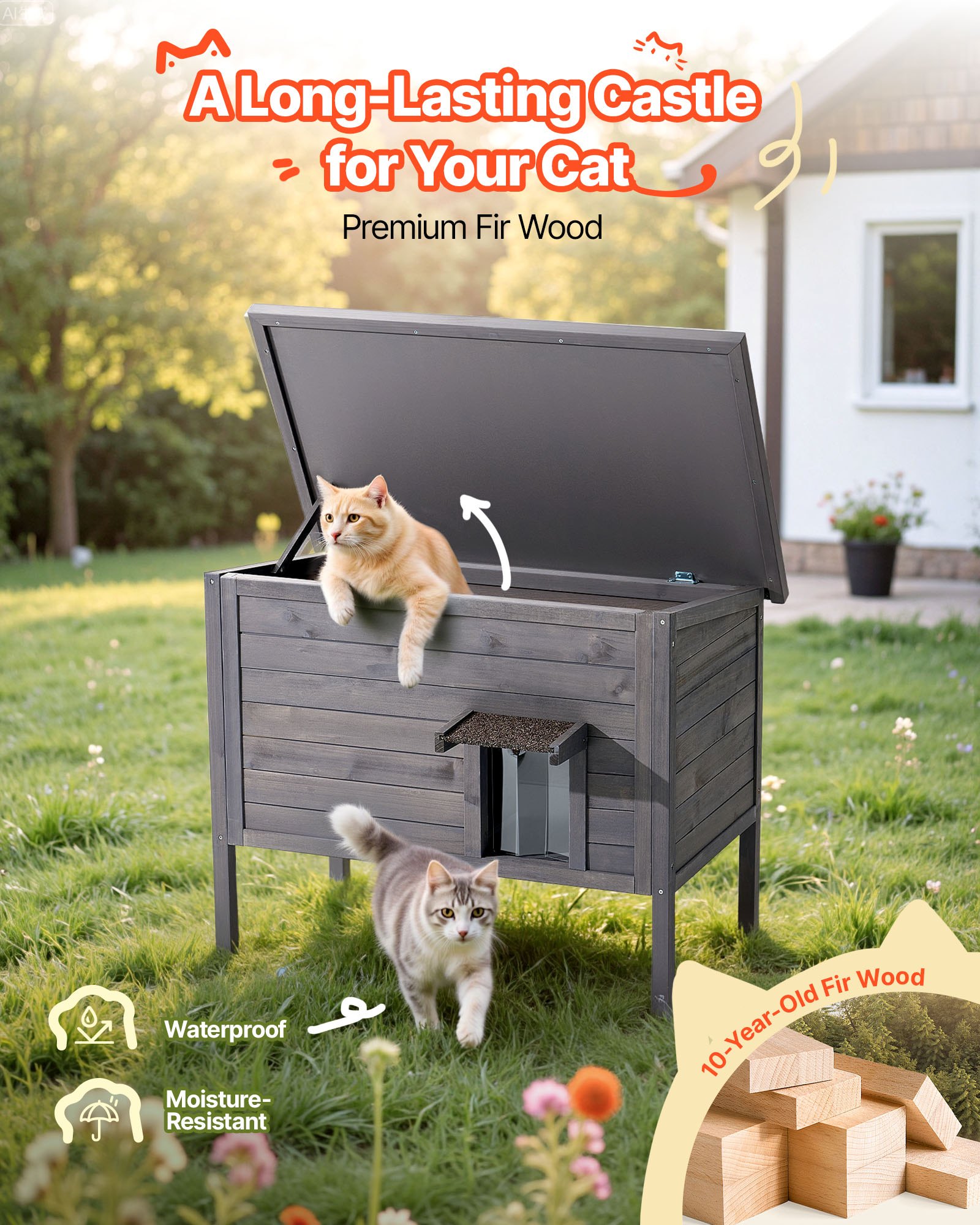 Casa Caliente para Gatos, Casa de Madera Aislada para Gatos Ferales al Aire Libre con Plancha de Calentamiento y Puerta de PVC — imagen 5