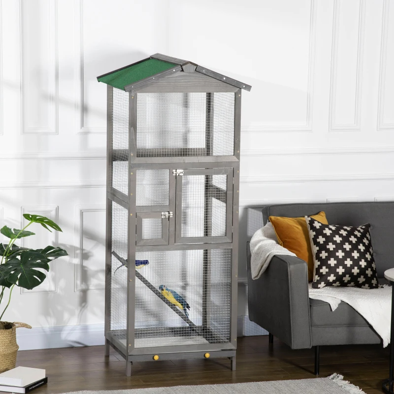 Wooden Bird Cage Outdoor Aviary House For Parrot, Parakeet, With Pull Out Tray And 2 Doors, Grey — imagen 2