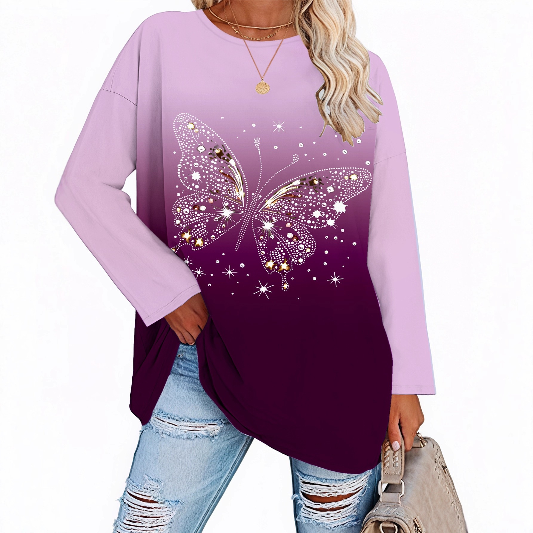 Elegant Butterfly Print Round Neck T-Shirt for WomenWinter Casual Comfortable Style — image 4