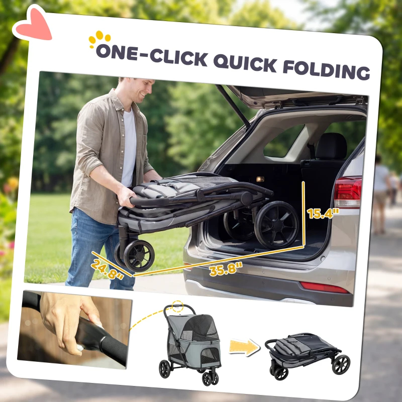 Carrito De 3 Ruedas Para Perros Con Plegado Fácil, Ventilación, Malla Y Almohada Lavable, Para Perros Medianos, Gris — imagen 3