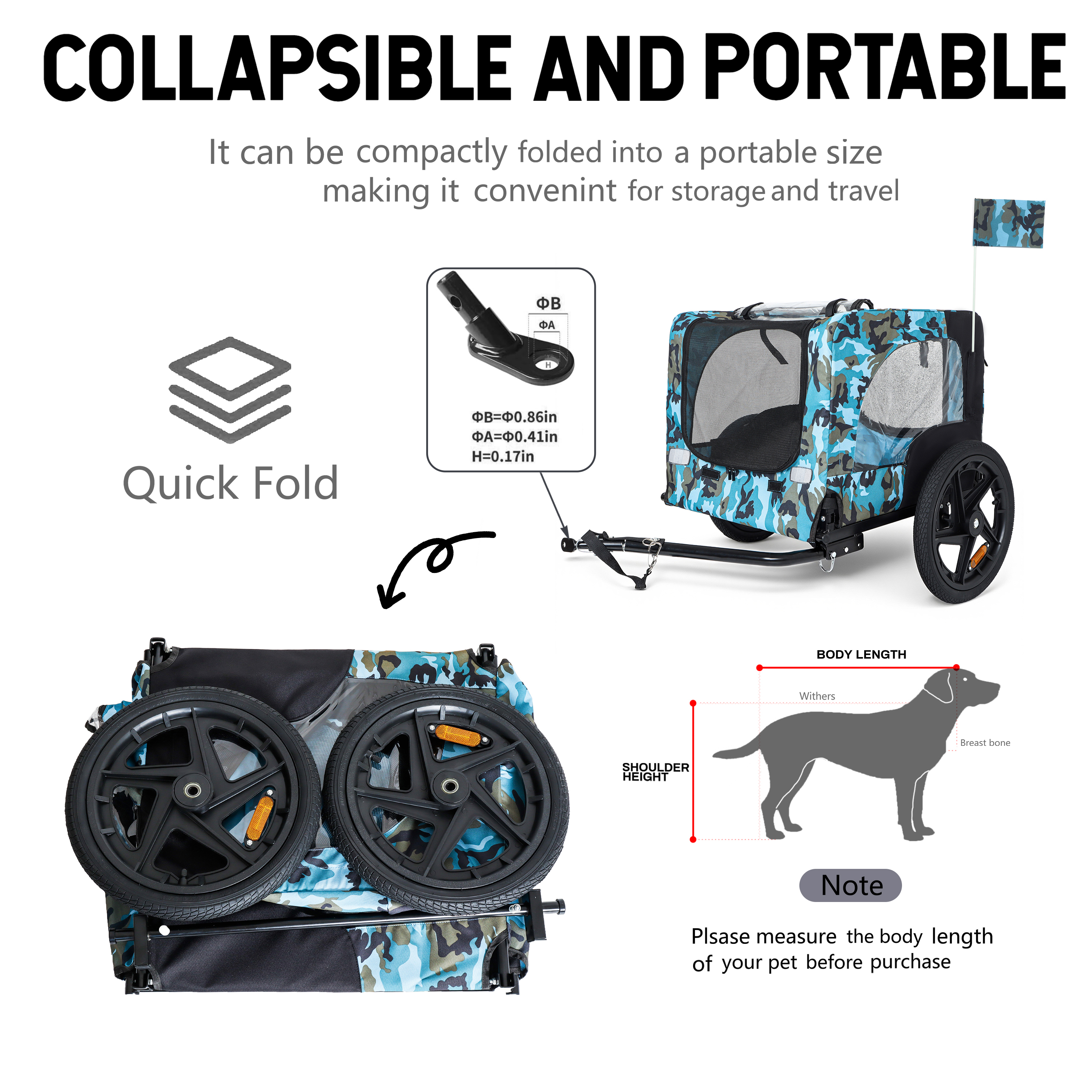 Outdoor Heavy Duty Collapsible Pet Bike Trailer With 16-Inch All-Terrain Wheels & Universal Hitch - Foldable Dog Cargo Carrier Cart For Bicycles, Blue Black — image 2