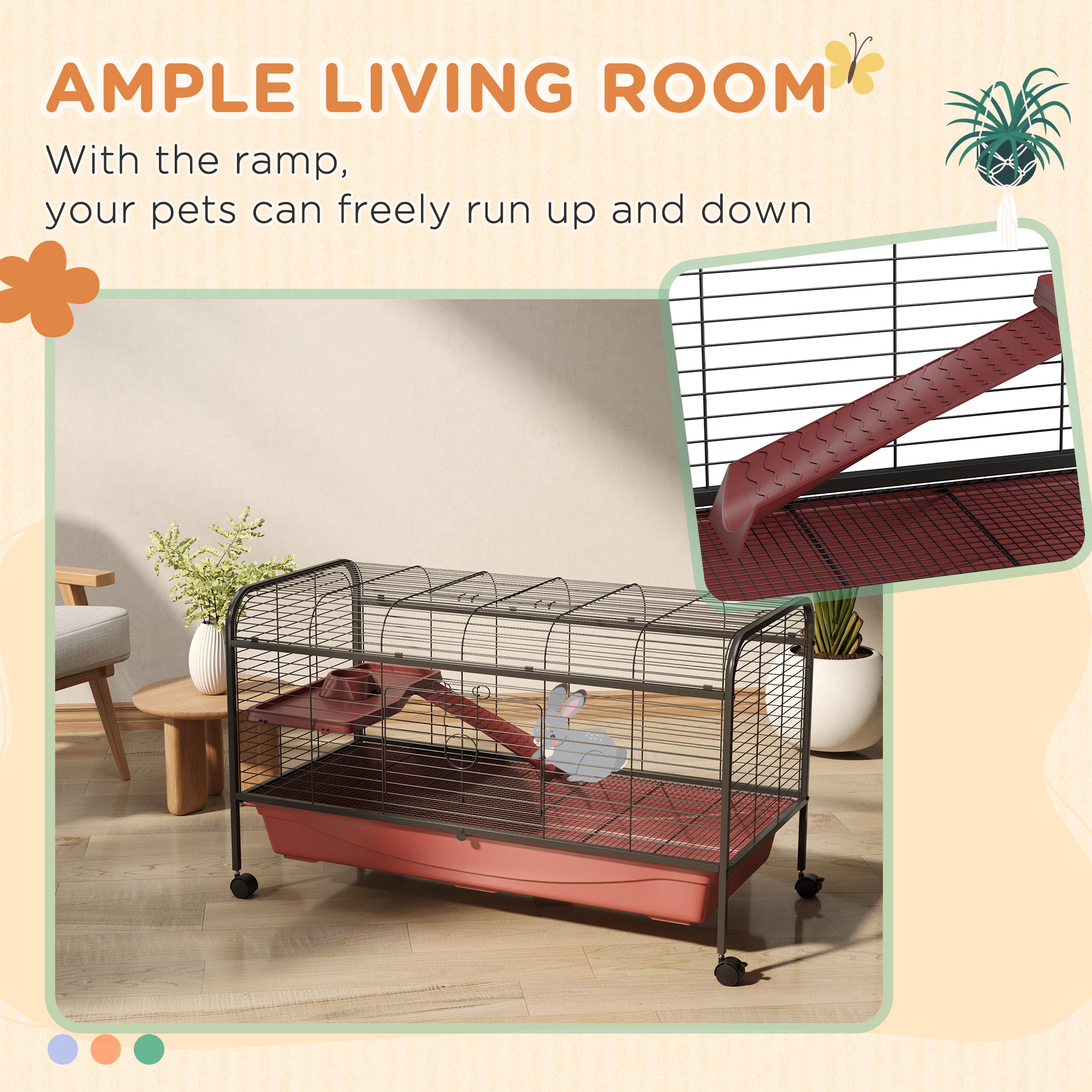 48" L Small Animal Cage, Pet Play House for Rabbit Hutch or Ferret with Feeder, Rolling Wheels, Platform, Ramp — imagen 3