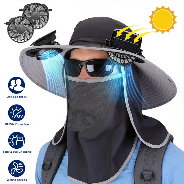 2 In 1 Solar Fan Hat UPF50 & Sun Hat With Fans Wide Brim Fishing Hat With Face Cover Neck Flap Solar USB Charging For Hiking Gardening Outdoor Work — imagen 1