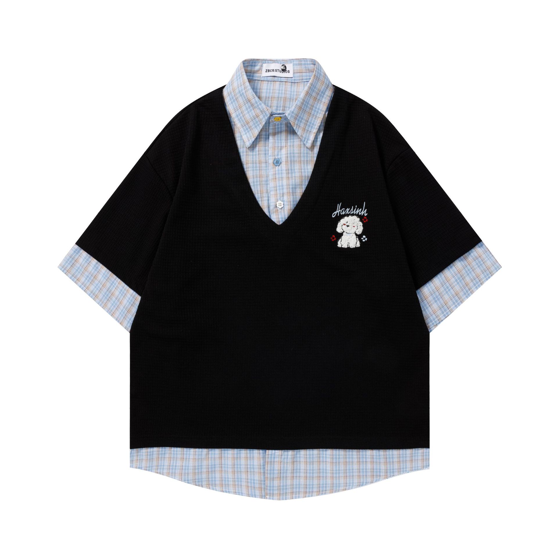 Small dog embroidered checkered short sleeved shirt — image 4
