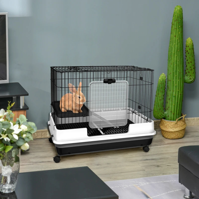 PawHut 2-Level Small Animal Cage Rabbit Hutch With Wheels, Removable Tray, Platform And Ramp For Bunny, Chinchillas, Ferret, Black — imagen 14