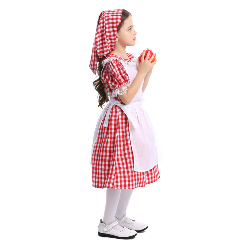 Children Red and White Checkered Cottage Maid Costume Apron and Headscarf Set Farm Theme Stage Performance Costume — image 5