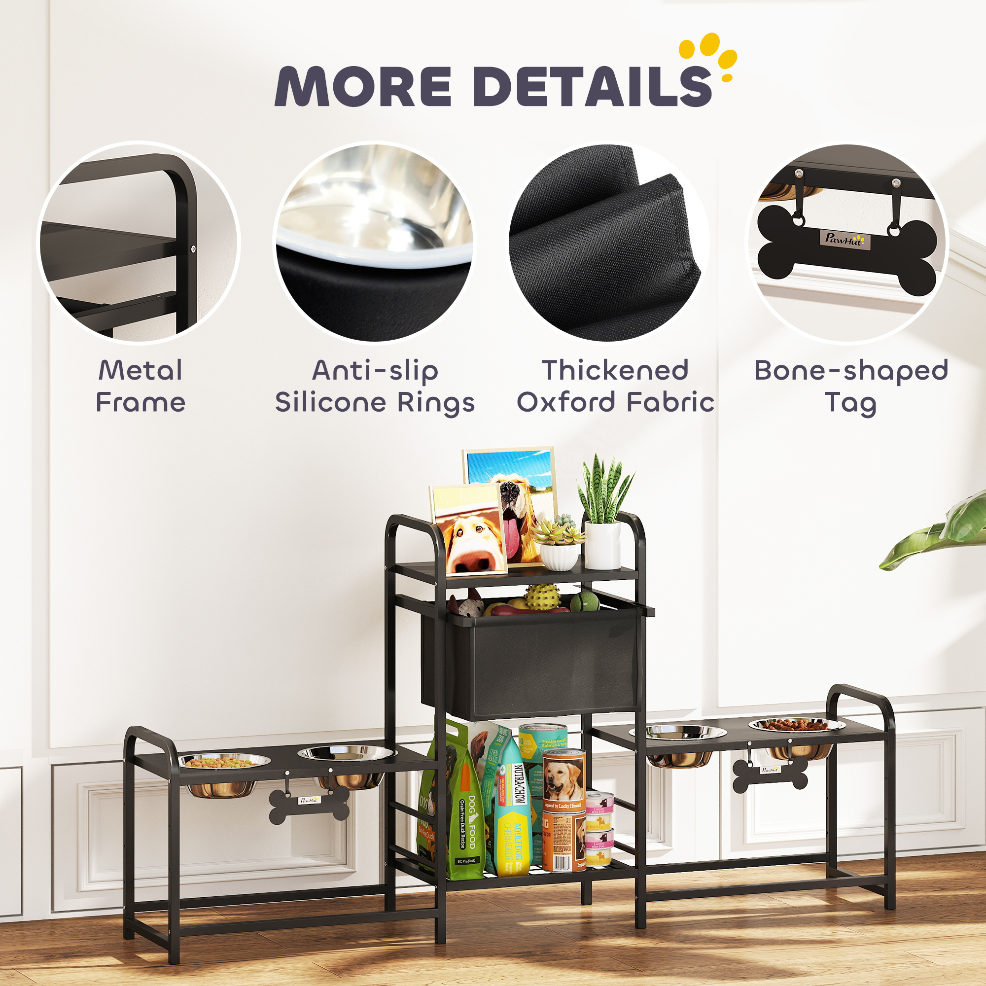 Soporte para Comederos de Perro con 3 Alturas Ajustables, 2 Estaciones de Alimentación, Cesta para Juguetes, Negro — imagen 3