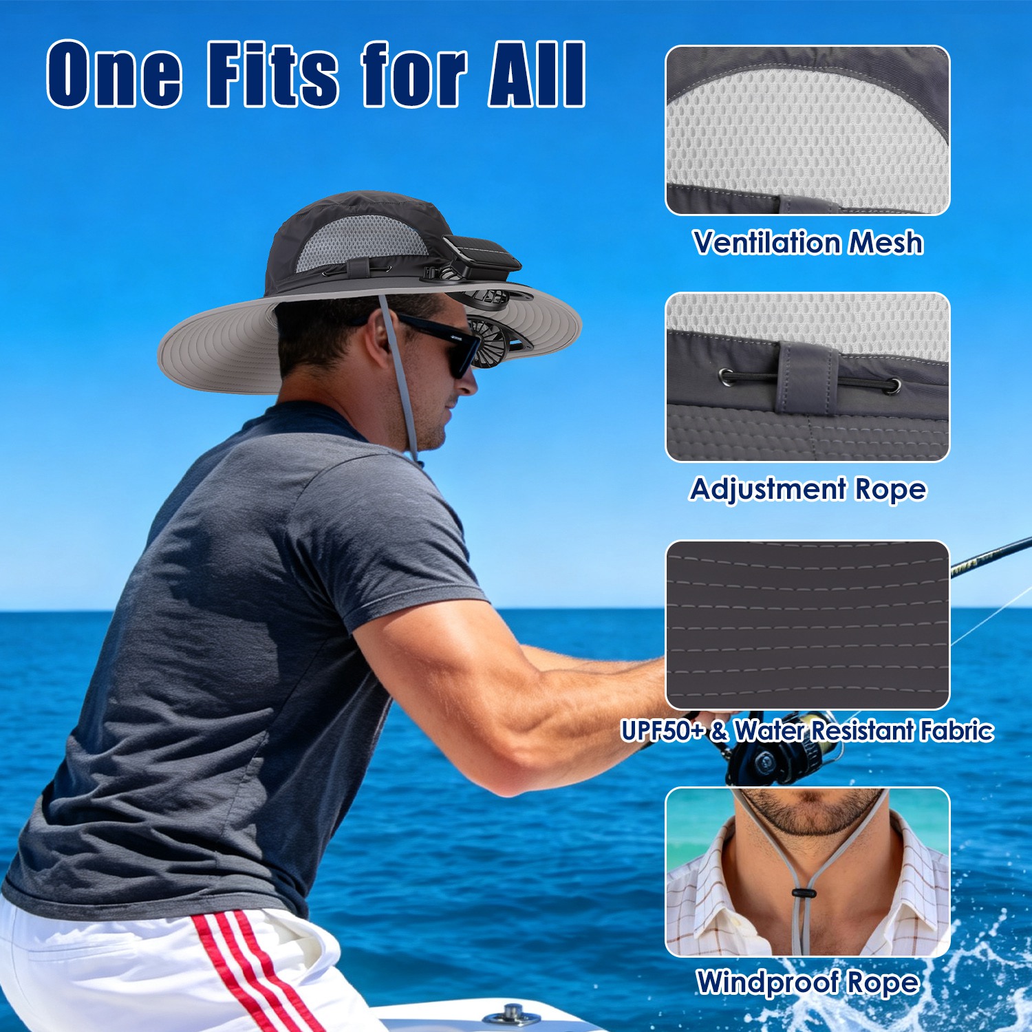 Sombrero con Ventilador Solar 2 en 1 UPF50 Sombrero para el Sol con Ventiladores, Sombrero de Pesca de Ala Ancha con Cubrecara y Protector de Cuello, Carga USB Solar Para Senderismo, Jardinería, Trabajo al Aire Libre — imagen 4