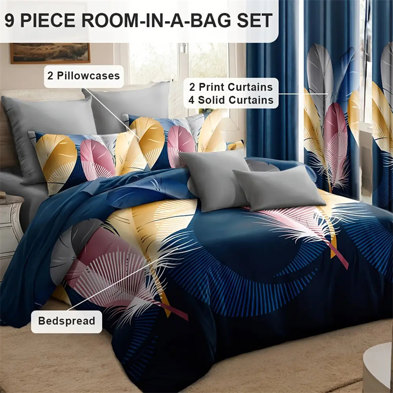 9 Piece Room In A Bag Quilt And Curtain Set, US Designer Navy Blue Boho Feather Print Heavyweight Bedspread With 6 Customizable Window Panels, Pet-Friendly High GSM Coverlet — image 5