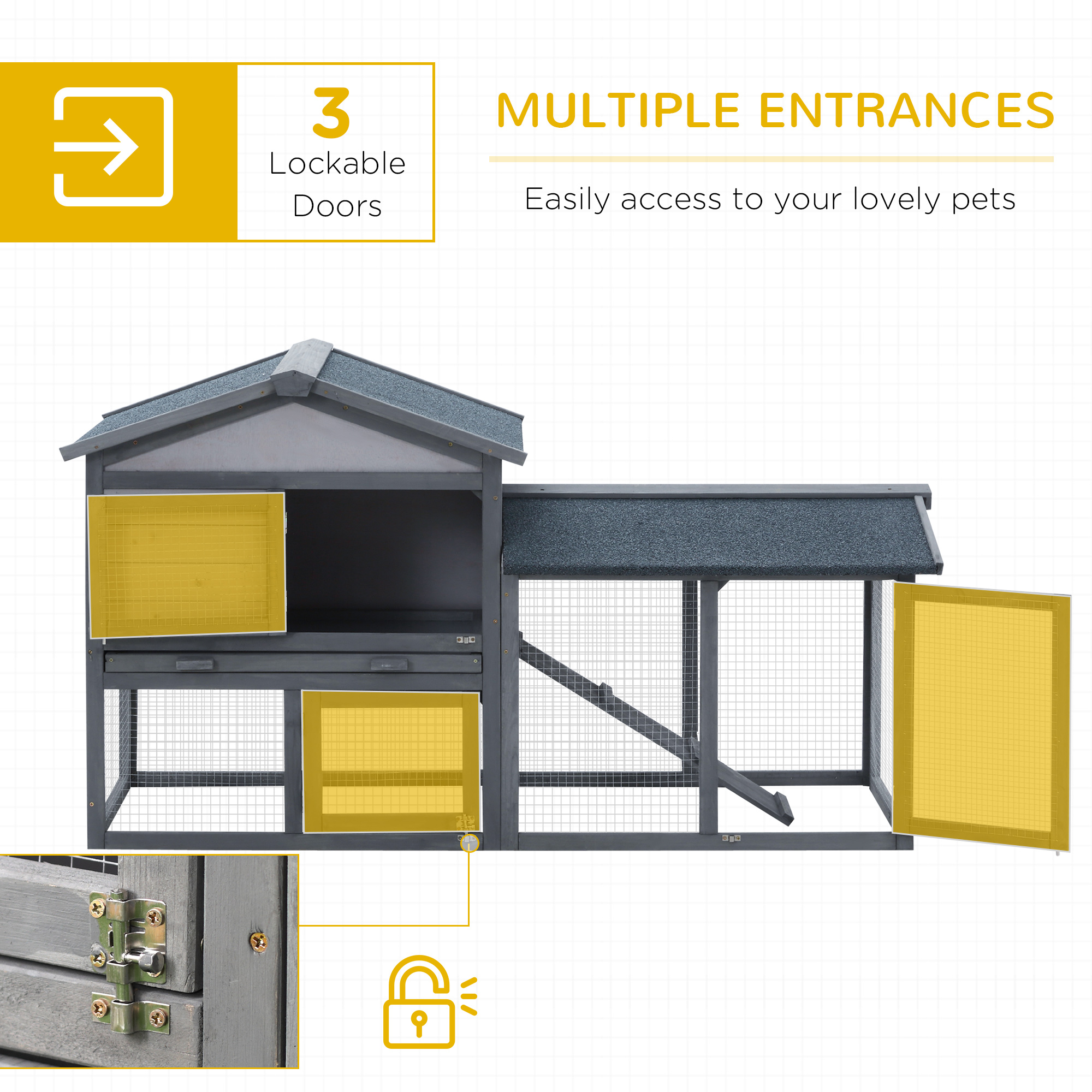 58" Large Rabbit Hutch Outdoor Indoor, Wooden Bunny Hutch, Guinea Pig Cage With Run, Removable Tray, Asphalt Roof, Lockable Doors And Ramp, For 1-2 Small Rabbits, Chickens, Ducks, Dark Gray — imagen 3