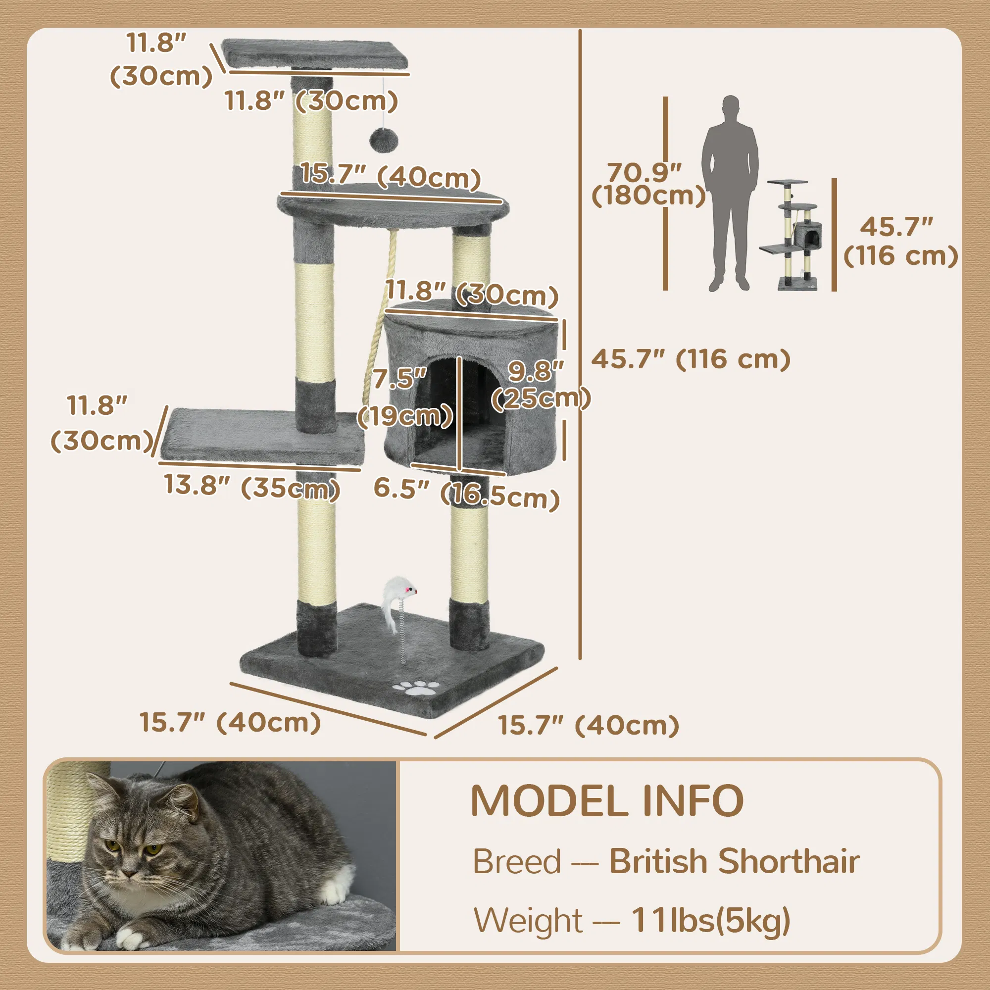 Scratching Cat Tree, Multi Level Cat Tower for Large Cats Adult with Toys and Condo, Grey — image 5