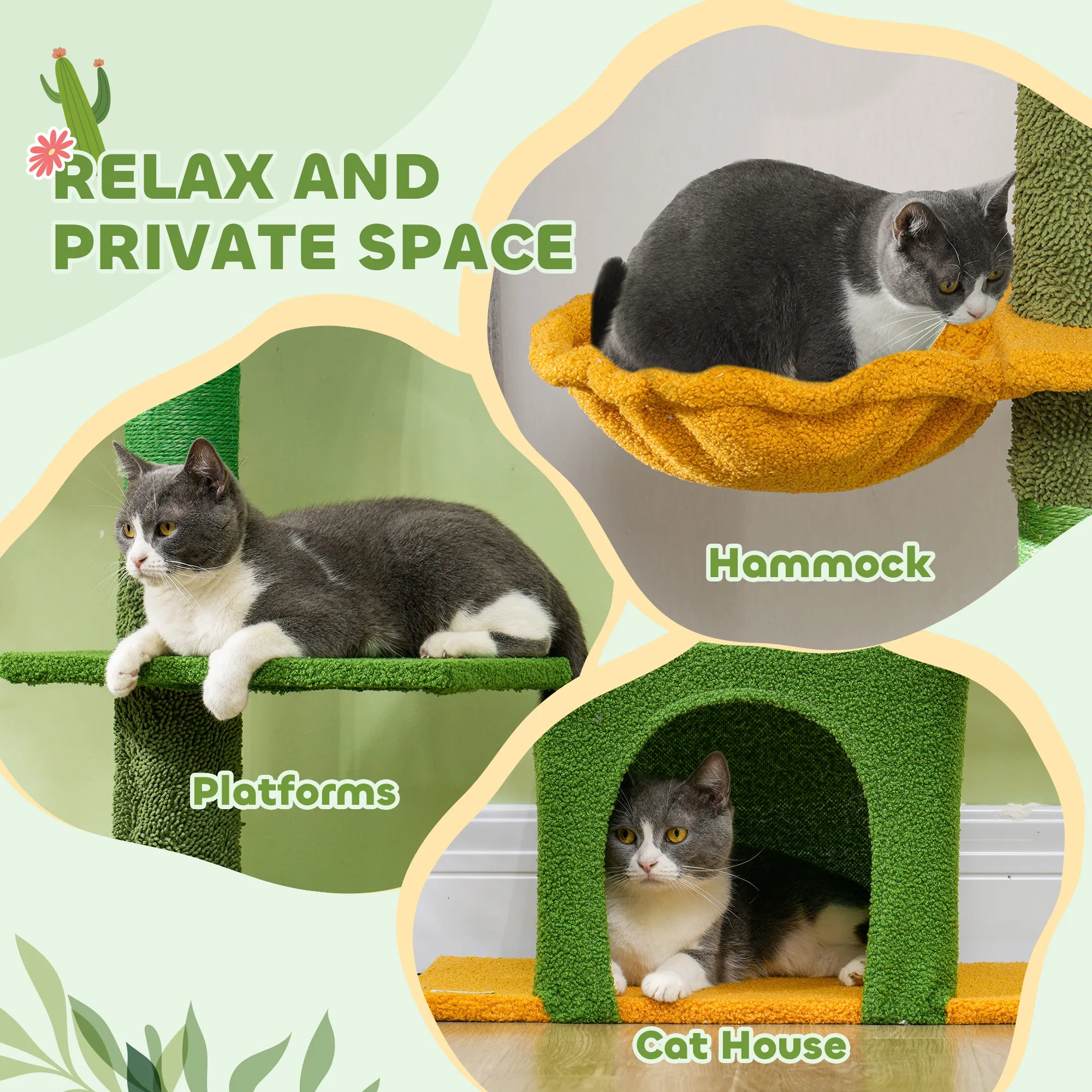Floor to Ceiling Cat TreeTower with 90.5"-108" Adjustable Height, Scratching Posts, Hammock, Comdo, Toy Ball, Green — image 6