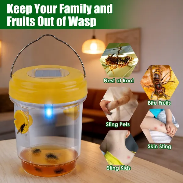 Trampas Solares para Avispas, Paquete de 3, Atrapainsectos Colgantes para Exterior con Luz UV, para Avispas de Papel, Avispas Amarillas, Avispones Pequeños, Moscas de la Fruta y Moscas Comunes — imagen 2
