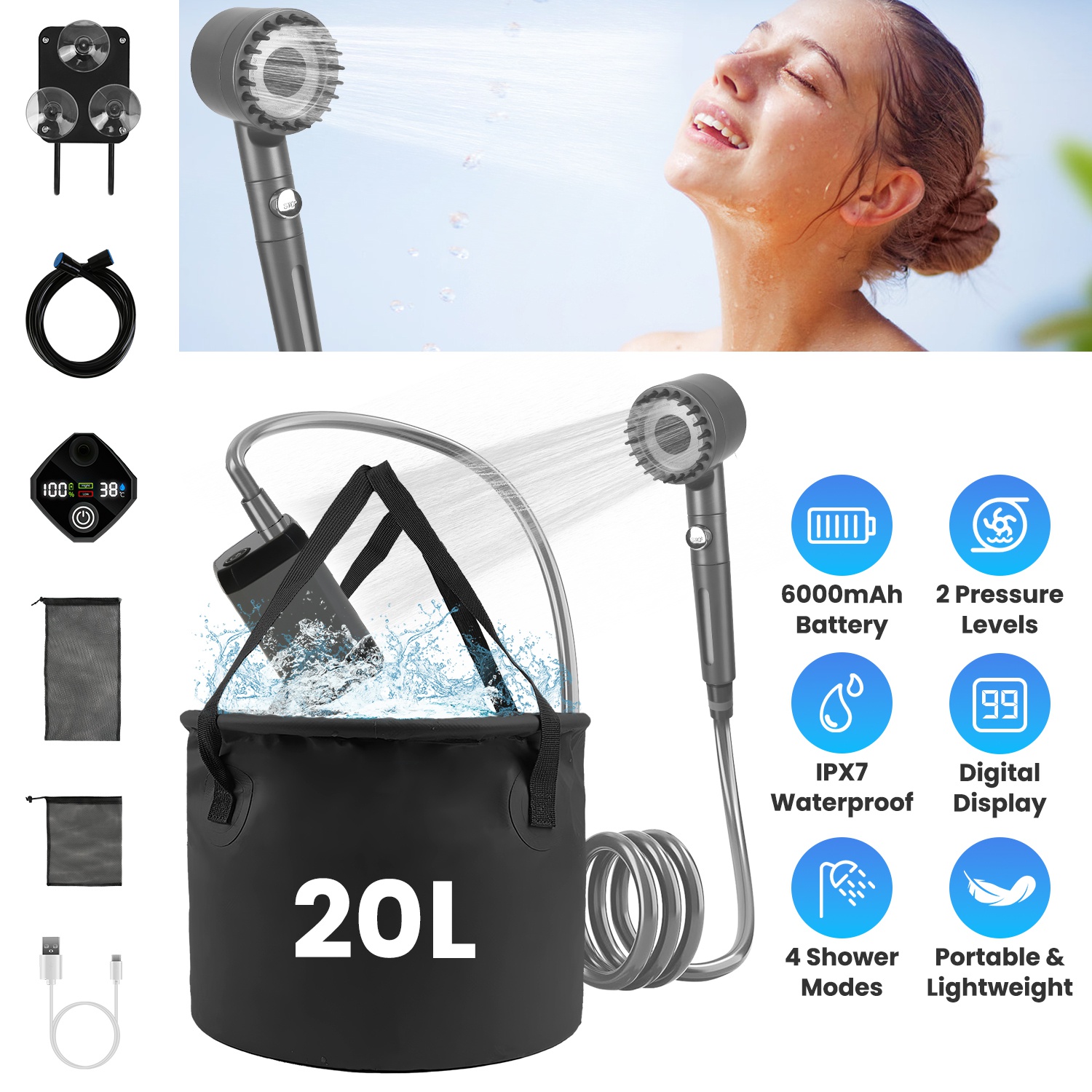 Ducha Portátil para Camping con Accesorios IPX7 Resistente a Agua 6000mAh Recargable Ducha con Cabezal Filtro Capacidad 5.3 Galones Bolsa de Almacenamiento Plegable para Caminatas Playas Viajes y Mascotas — imagen 1