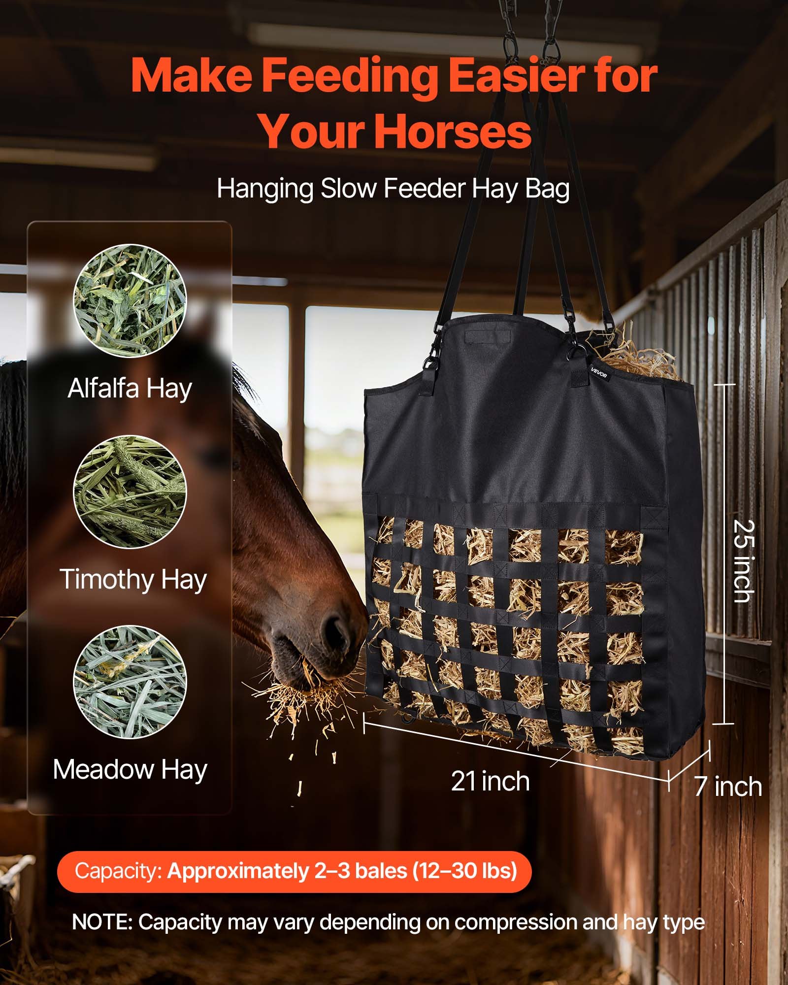 Hay Bag For Horses, 21.65 X 7.28 X 25.2 In, 1.81 X 1.81 In Holes, Premium Nylon Construction With PVC Waterproof Coating, Adjustable Hanging Straps And Metal Hooks, Slow Feed Hay Bag For Horses — image 5