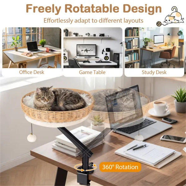 360° Rotatable Desktop Cat Bed Perch, 2-in-1 Workspace Cat Retreat With Jingling Ball (Natural + Black + White) — image 4