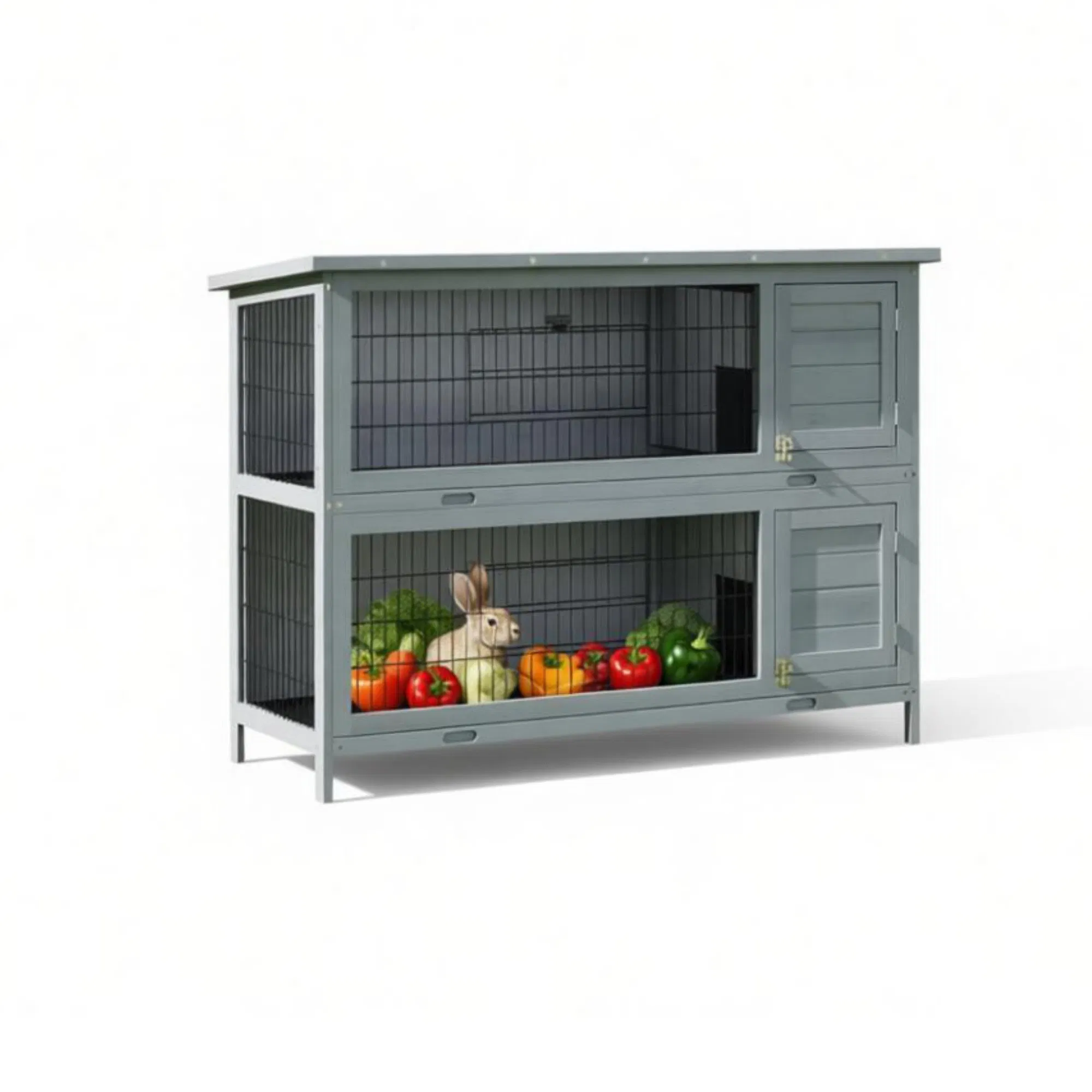 54" 2-Story Large Rabbit Hutch, Bunny Cage, Wooden Pet House, Small Animal Habitat, Gray with Lockable Doors, Tray, Roof — image 7
