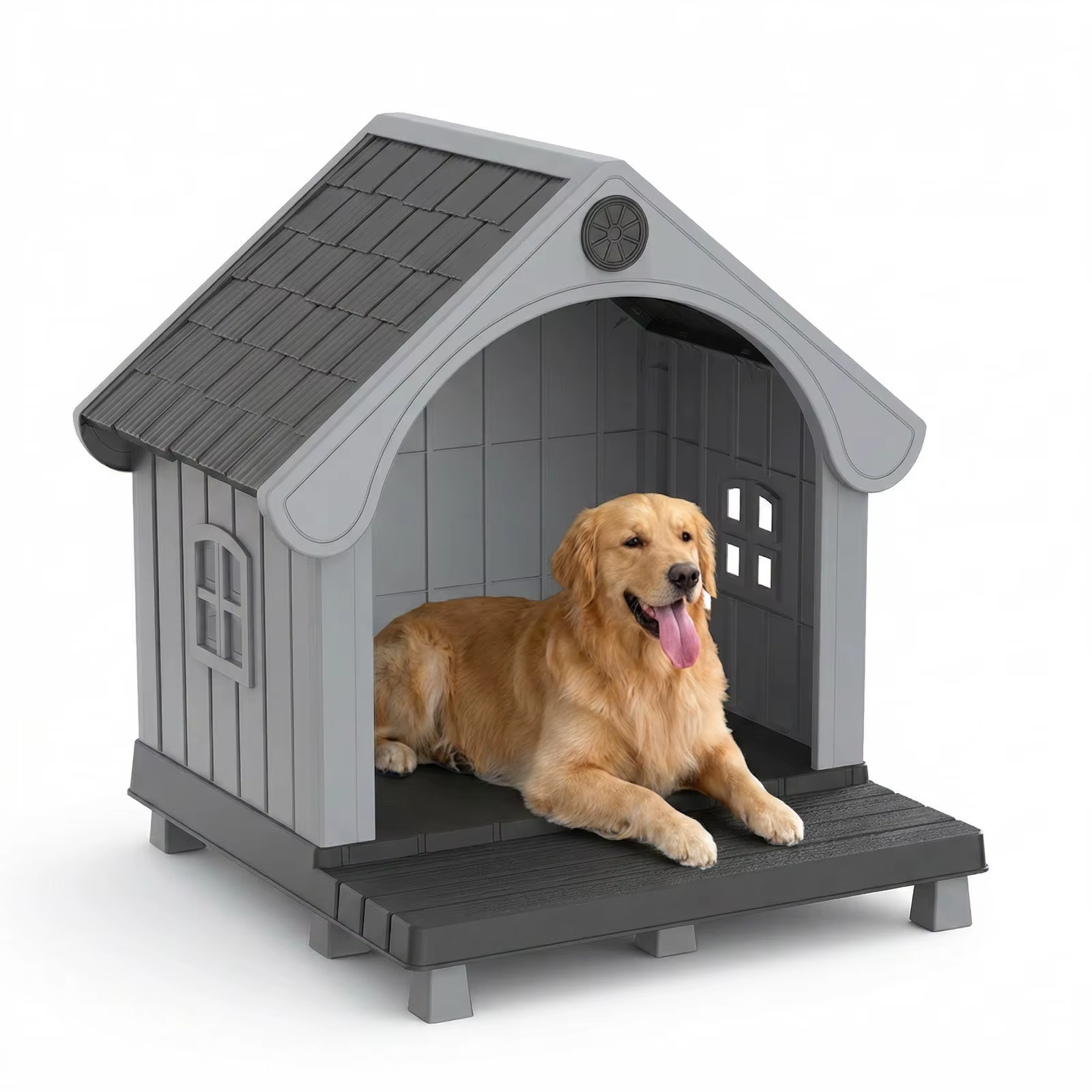 Elevated Resin Dog House with Sloped Roof, Weatherproof Outdoor Pet Shelter for Small Medium Dogs, All Season Backyard Dog Bed — image 1