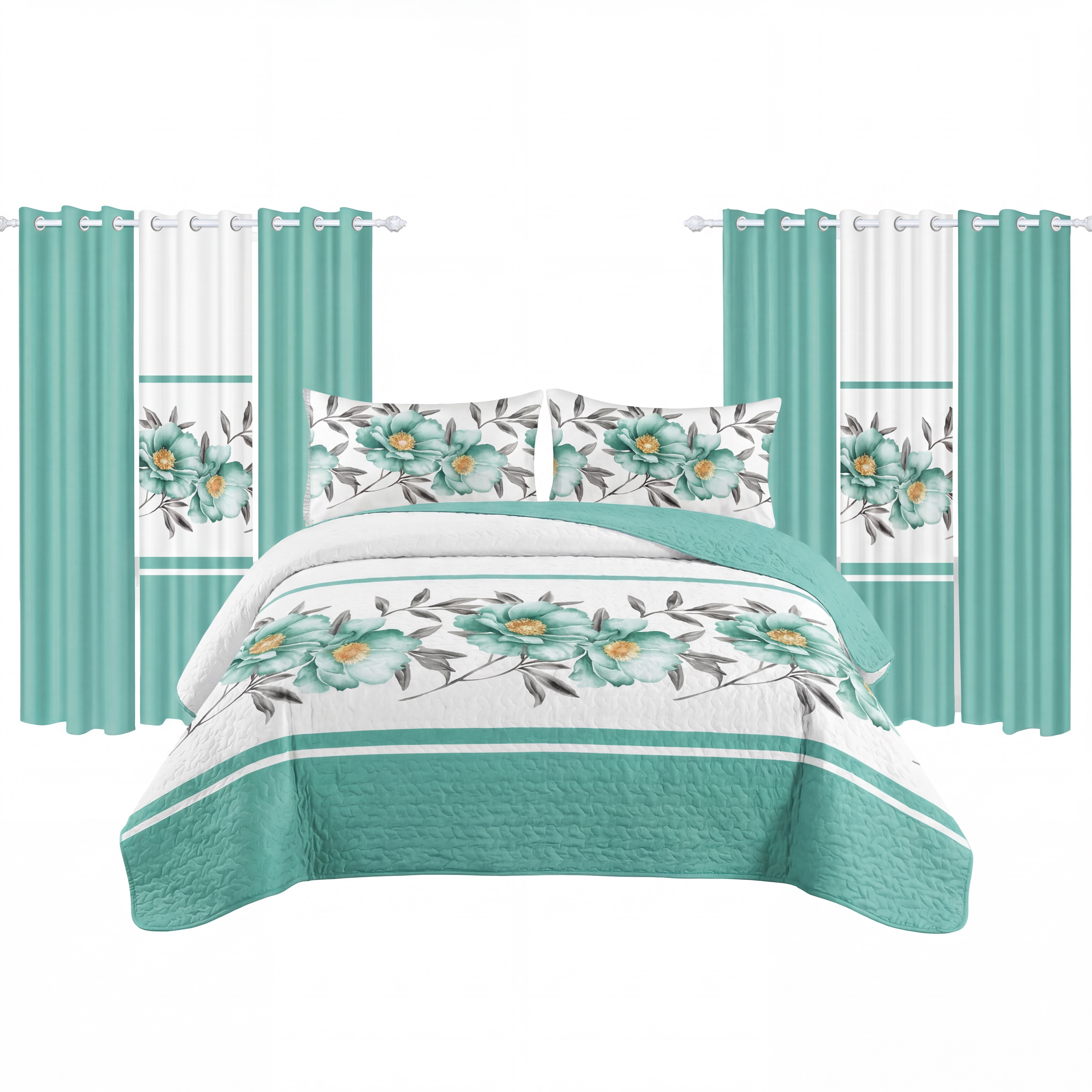 Juego de Edredón y Cortinas Room In A Bag de 9 Piezas, Colcha Gruesa con Estampado Floral Botánico Turquesa de Diseñador de EE. UU. con 6 Paneles de Cortina Personalizables, Cubrecama de Alto GSM Apto para Mascotas — imagen 1