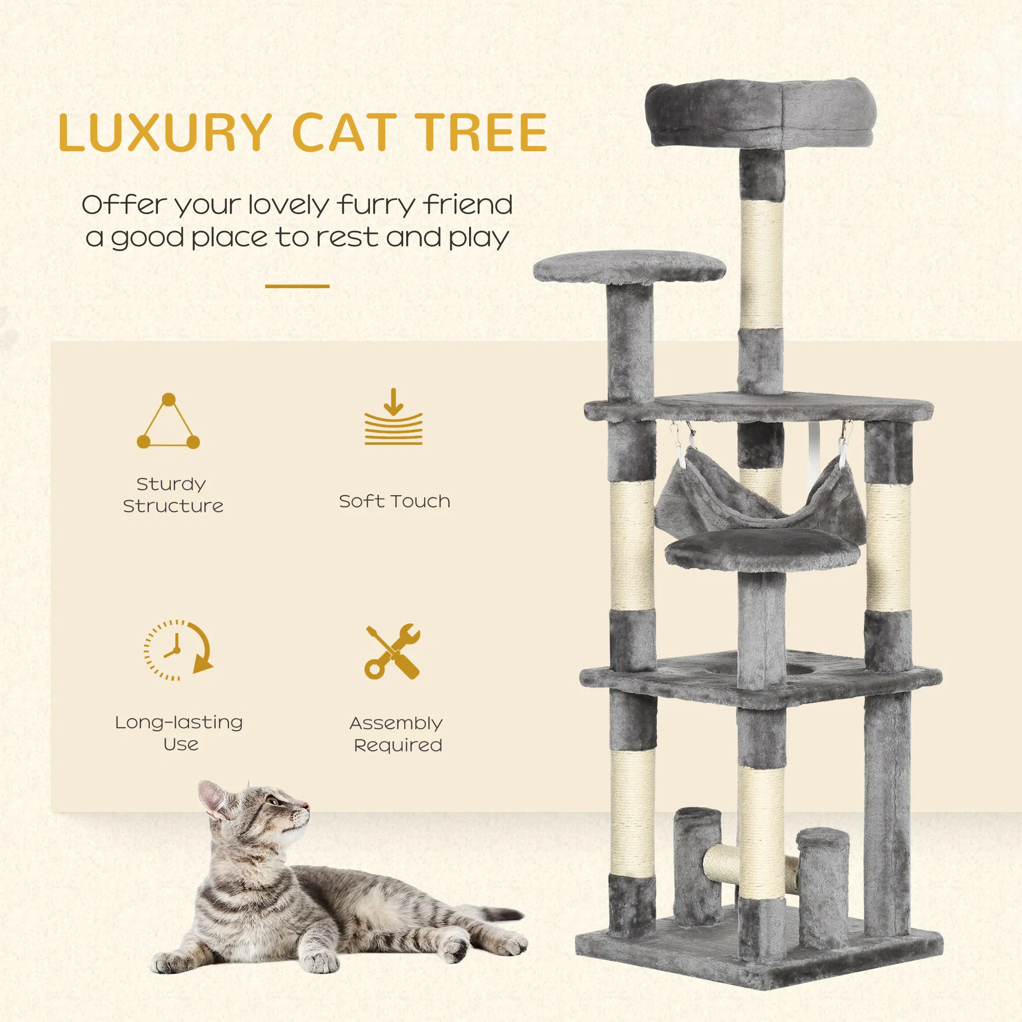 52" Multi-Level Cat Tree Tower, Kitten Scratcher Activity Center Play House with Hammock - Grey — image 2