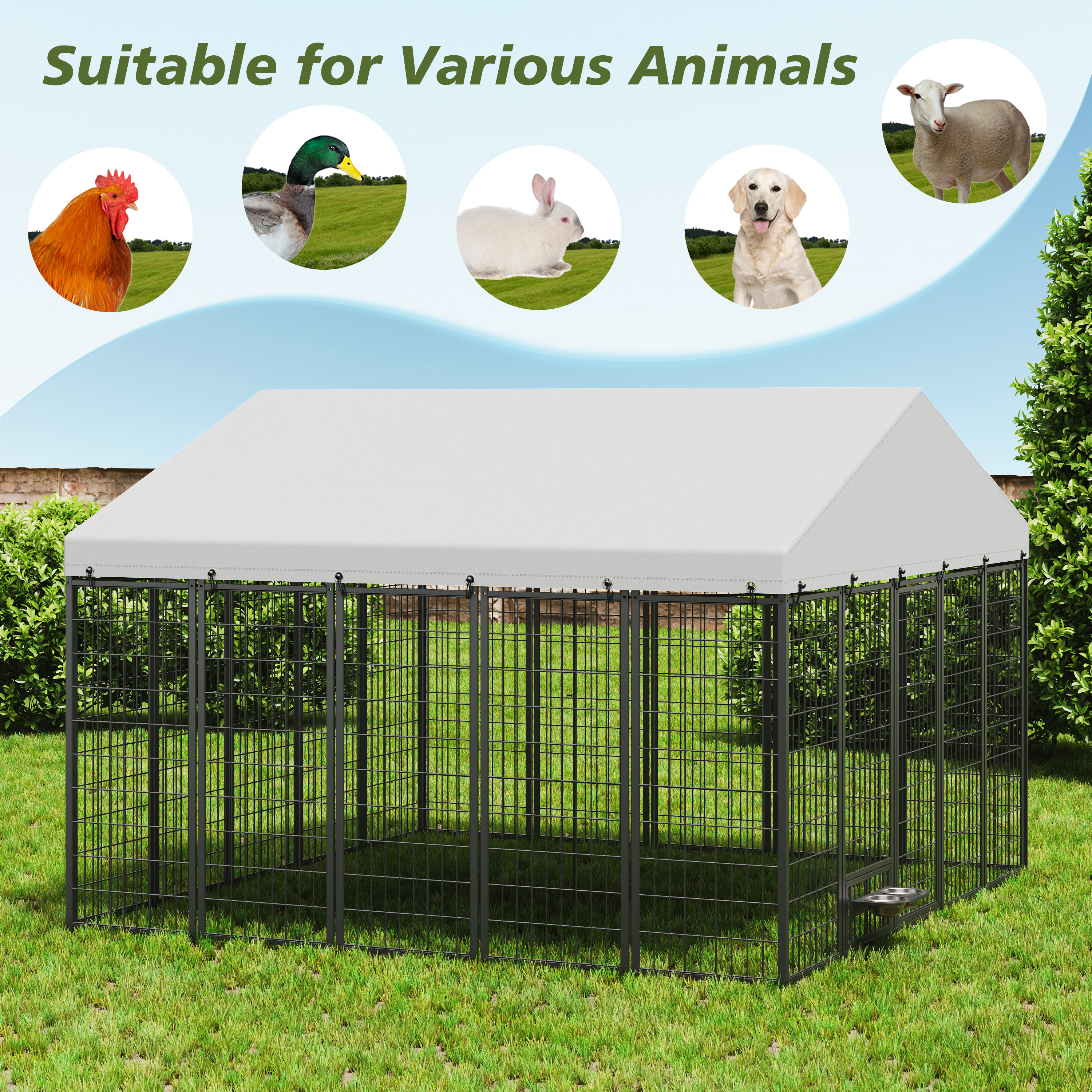 Large Dog Kennel Outdoor Pet Pens Dogs Run Enclosure Animal Hutch Metal Coop Fence With Roof Cover. 9.61'L X 9.45'W X 6.77'H — imagen 4