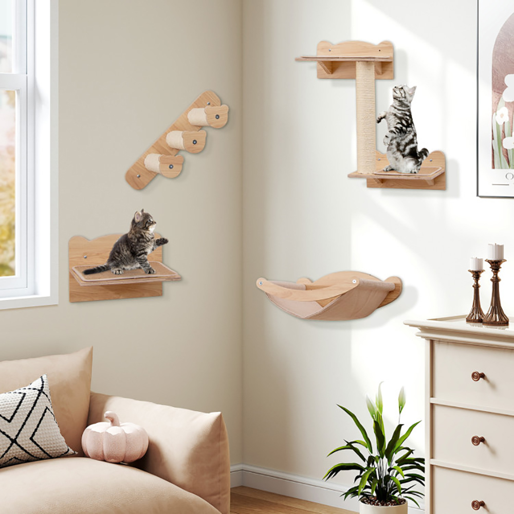 Conjunto de Mobiliario para Gatos en la Pared con Hamaca - 4 Piezas, Árbol de 2 Niveles y Percha — imagen 7