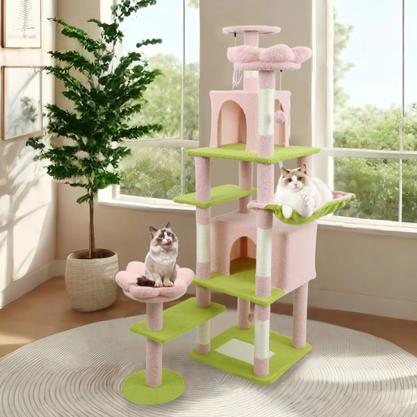 Flower Cat Tree With Large Condo Removable Flower Cushion And Hammock Pink — image 1