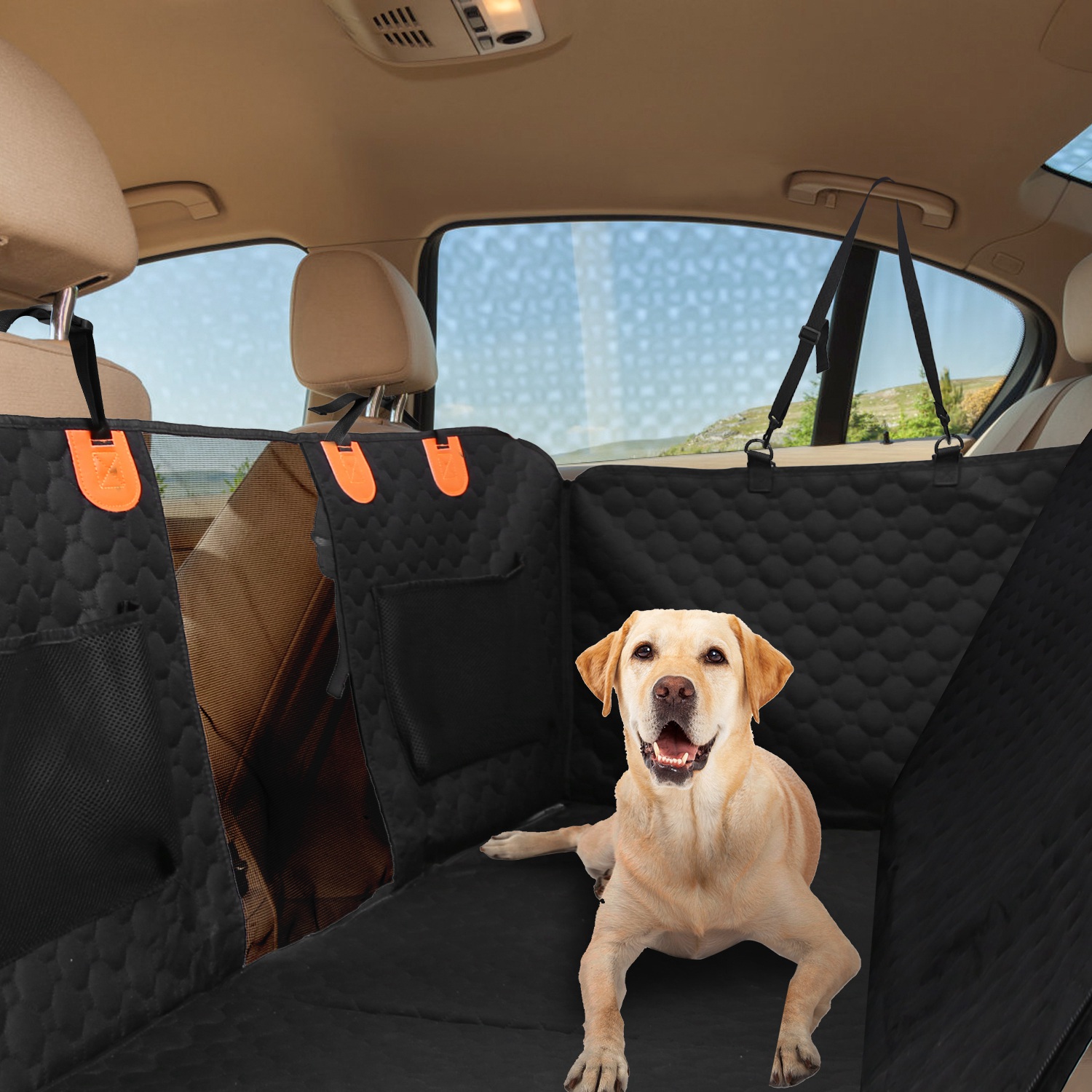 Cubierta de Asiento para Perros con Ventana de Malla y Bolsas de Almacenamiento con Cerradura, 600D Tela de Cuero de Oso Impermeable con Deslizadores para Coches, Camiones y SUVs — imagen 10