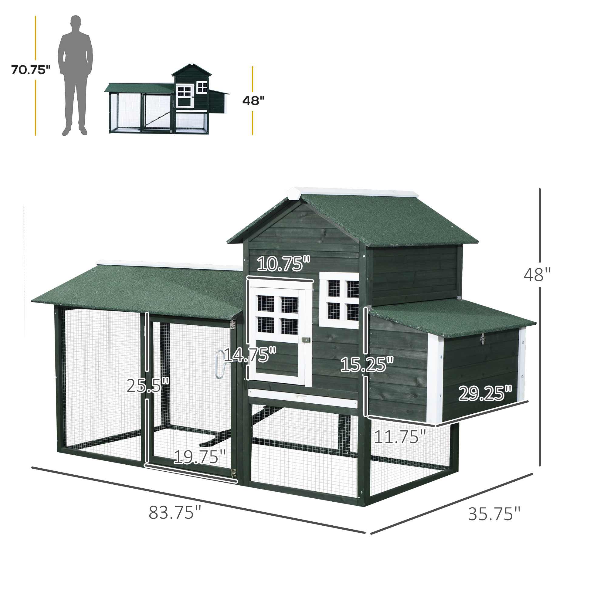 Gallinero de Madera de 84", Casa para Gallinas de Exterior con Corral y Nido, Techo de Asfalto, Bandeja Extraíble, Rampa, Jaula para Aves para 2-3 Gallinas, Verde — imagen 5