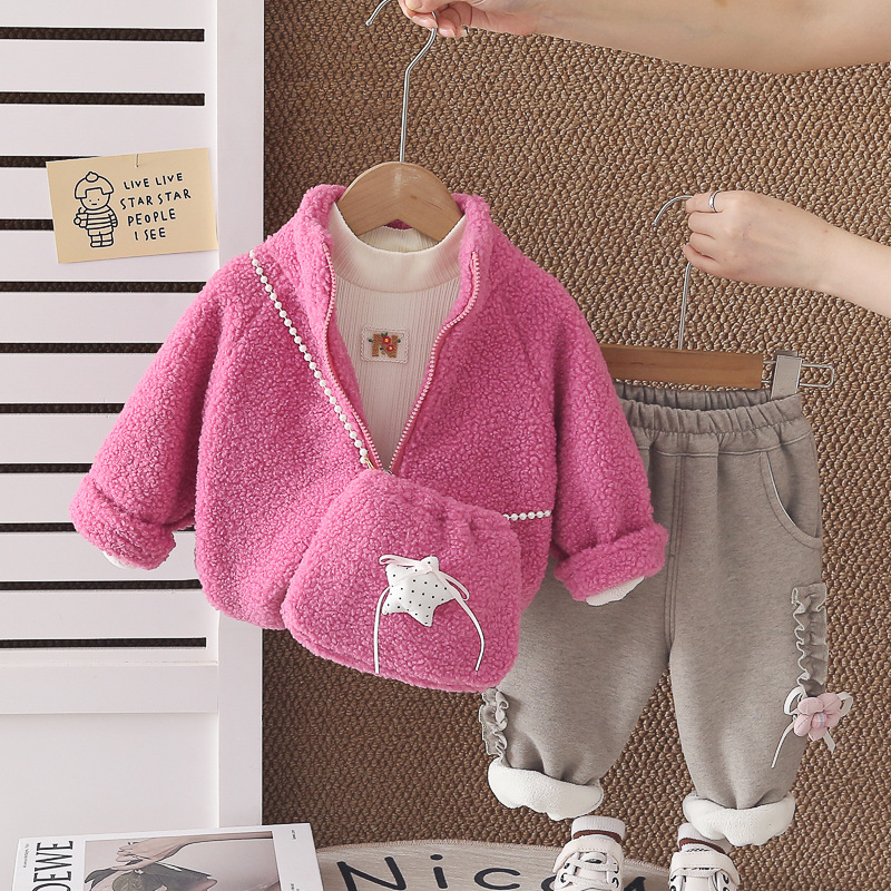 Girls Autumn Winter Fleece Lined Star Cat Print Three-Piece Set Outfits with Bag — image 7