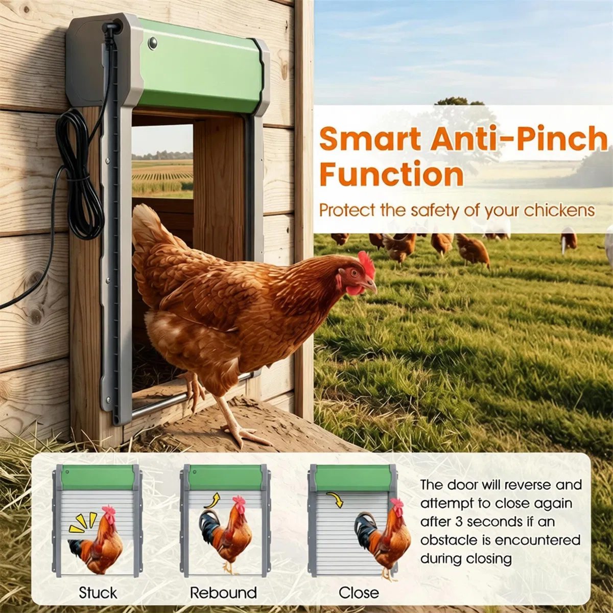Solar Powered Automatic Chicken Coop Door with 4 Modes Light Sensor Timer Remote Control, Anti-Pinch Weatherproof Aluminum Opener for Chickens Ducks Rabbits Poultry — image 7